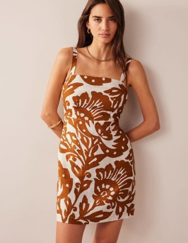 Boden Strappy Linen Mini Dress in Pumpkin, Oak Terrace / floral sleeveless square neck summer dresses - flipped