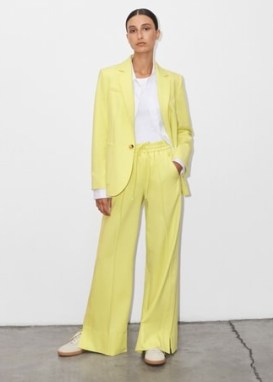 ME AND EM Summer Tux Track Pant Suit in Citronelle – women’s yellow summer trouser suits ~ womens tailored suits ~ single breasted blazers and matching drawcord split hem trousers - flipped