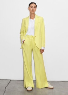 ME AND EM Summer Tux Track Pant Suit in Citronelle – women’s yellow summer trouser suits ~ womens tailored suits ~ single breasted blazers and matching drawcord split hem trousers