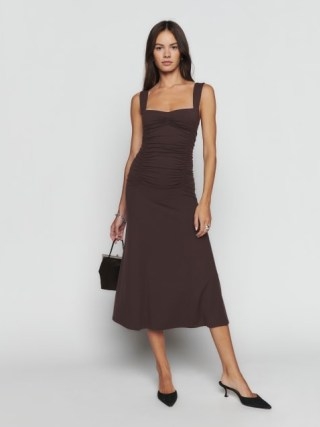 Reformation Suvi Knit Dress in Mole ~ chic brown sleevelss ruched detail midi dresses - flipped