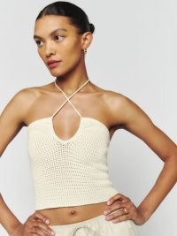 Reformation Suzanne Cotton Sweater Tank in Fior Di Latte – strappy halter neck crop top – knitted halterneck tanks – women’s cropped summer tops