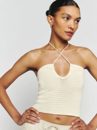 Reformation Suzanne Cotton Sweater Tank in Fior Di Latte – strappy halter neck crop top – knitted halterneck tanks – women’s cropped summer tops - flipped