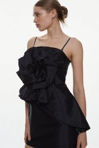 KAREN MILLEN Taffeta Rosette Mini Dress in Black / strappy LBD with statement floral motif / removable skinny shoulder strap party dresses / bandeau evening occasion fashion