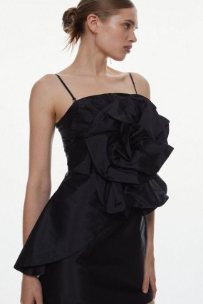 KAREN MILLEN Taffeta Rosette Mini Dress in Black / strappy LBD with statement floral motif / removable skinny shoulder strap party dresses / bandeau evening occasion fashion - flipped
