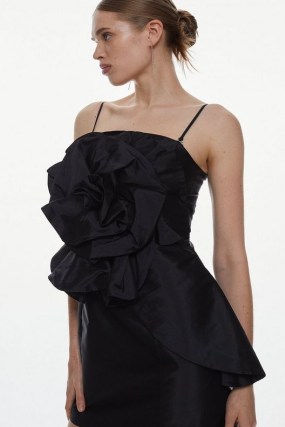 KAREN MILLEN Taffeta Rosette Mini Dress in Black / strappy LBD with statement floral motif / removable skinny shoulder strap party dresses / bandeau evening occasion fashion