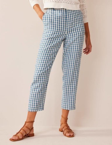 Boden Tapered Linen Trousers in Check / women’s blue checked summer clothes / womens cropped hem pants with checks - flipped