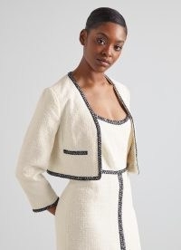 L.K. BENNETT Tara Ivory Recycled Cotton Tweed Jacket – cropped summer occasion jackets – crop hem outerwear – dress up or down clothing