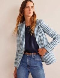 Boden The Cambridge Linen Blazer in Blue and White Gingham / women’s check print single button closure blazers / womens checked summer jackets