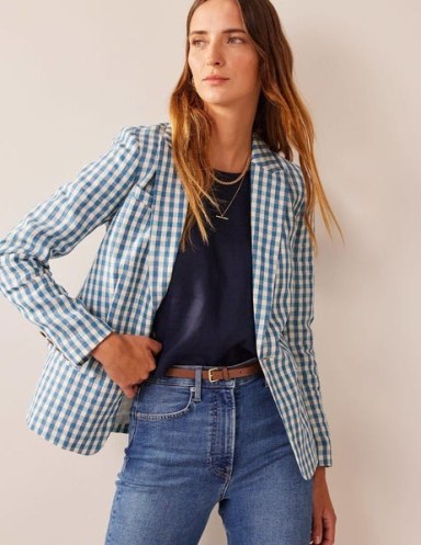 Boden The Cambridge Linen Blazer in Blue and White Gingham / women’s check print single button closure blazers / womens checked summer jackets - flipped