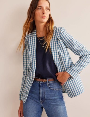 Boden The Cambridge Linen Blazer in Blue and White Gingham / women’s check print single button closure blazers / womens checked summer jackets
