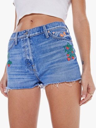 MOTHER The Ditcher Cut Off Short in Romaine Calm | women’s blue denim frayed hem shorts with floral & fruit embroidery - flipped