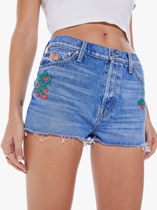 MOTHER The Ditcher Cut Off Short in Romaine Calm | women’s blue denim frayed hem shorts with floral & fruit embroidery