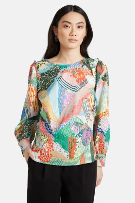 gorman x Marina Ester Castaldo The Lake Ruffle Top – women’s long sleeve printed tops – organic cotton sateen fashion - flipped