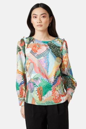 gorman x Marina Ester Castaldo The Lake Ruffle Top – women’s long sleeve printed tops – organic cotton sateen fashion