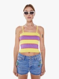 MOTHER DENIM The Tube Tank in Purple And Yellow Stripe – women’s ribbed cotton blend tanks – slender shoulder strap summer tops – retro colours