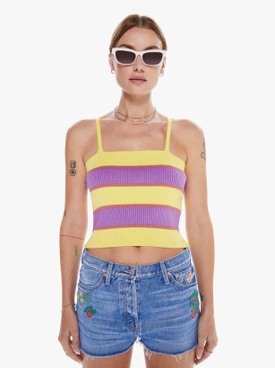MOTHER DENIM The Tube Tank in Purple And Yellow Stripe – women’s ribbed cotton blend tanks – slender shoulder strap summer tops – retro colours - flipped