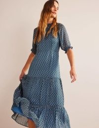 Boden Tie-Neck Tiered Maxi Dress in Blue, Paisley Stem