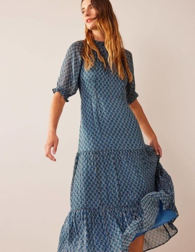 Boden Tie-Neck Tiered Maxi Dress in Blue, Paisley Stem - flipped