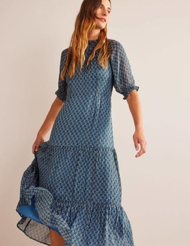 Boden Tie-Neck Tiered Maxi Dress in Blue, Paisley Stem