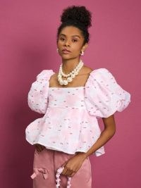 sister jane DREAM Venus Coral Jacquard Top Baby Pink – women’s puff sleeve tops – voluminous fashion – feminine clothes – romantic style clothing