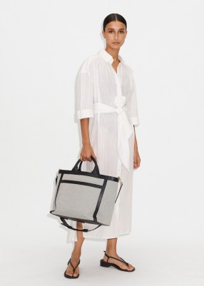 ME and EM Tonal Stripe Beach Maxi Shirt Dress + Belt in Soft White Cotton ~ sheer collared tie waist dresses ~ chic maxi overshirts ~ sophisticated beachwear ~ pool cover up