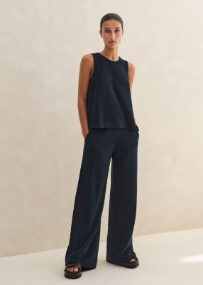 ME and EM Towelling Swing Top + Trouser Co-ord in Navy – dark blue casual clothing co-ords – chic loungewear fashion sets – stylish laid-back looks – sleeveless tops and matching trousers - flipped