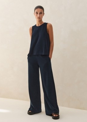 ME and EM Towelling Swing Top + Trouser Co-ord in Navy – dark blue casual clothing co-ords – chic loungewear fashion sets – stylish laid-back looks – sleeveless tops and matching trousers