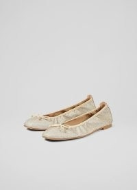 L.K. BENNETT Trilly Gold Glitter Ballerina Pumps – glittering ballerinas – metallic flats – luxe bow detail flat shoes