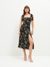 Reformation Twilight Dress in Sagittarius / black floral tie shoulder strap dresses