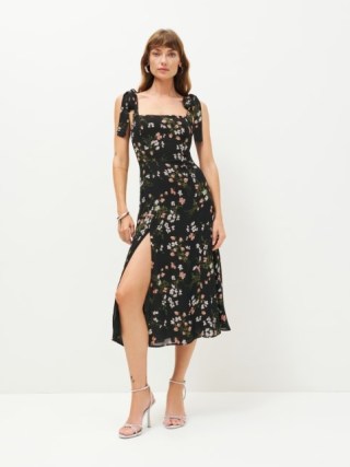 Reformation Twilight Dress in Sagittarius / black floral tie shoulder strap dresses - flipped