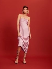 Reformation Valora Satin Dress in Babygirl / silky lilac-pink strappy halterneck midi dresses / luxe halter neck fashion