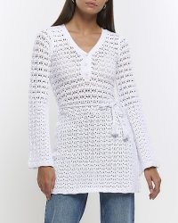 River Island WHITE CROCHET LONG SLEEVE TOP | women’s knitted tops