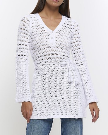 River Island WHITE CROCHET LONG SLEEVE TOP | women’s knitted tops
