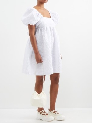 CECILIE BAHNSEN Edition Tilde puff-sleeved cloqué dress – women’s white voluminous dresses – feminine oversized puffed sleeves -clothes with volume