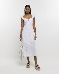 RIVER ISLAND WHITE EMBROIDERED FRILL BODYCON MIDI DRESS – floral flutter sleeve broderie anglaise style dresses – women’s feminine summer fashion – sweetheart neckline