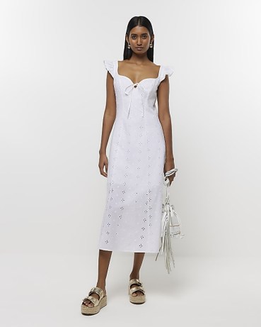 RIVER ISLAND WHITE EMBROIDERED FRILL BODYCON MIDI DRESS – floral flutter sleeve broderie anglaise style dresses – women’s feminine summer fashion – sweetheart neckline - flipped