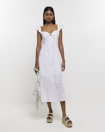 RIVER ISLAND WHITE EMBROIDERED FRILL BODYCON MIDI DRESS – floral flutter sleeve broderie anglaise style dresses – women’s feminine summer fashion – sweetheart neckline