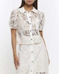 RIVER ISLAND WHITE LACE PUFF SLEEVE SHIRT – women’s semi sheer shirts – womens collared top with embellished buttons