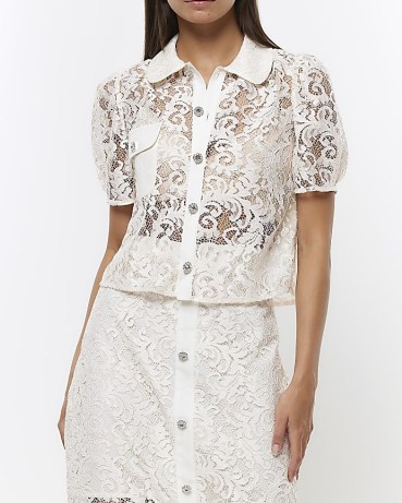 RIVER ISLAND WHITE LACE PUFF SLEEVE SHIRT – women’s semi sheer shirts – womens collared top with embellished buttons - flipped