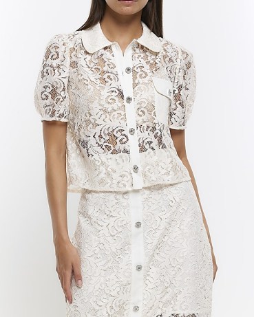 RIVER ISLAND WHITE LACE PUFF SLEEVE SHIRT – women’s semi sheer shirts – womens collared top with embellished buttons