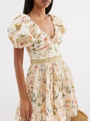 AGUA BY AGUA BENDITA Manzanilla V-neck floral-print cotton-poplin dress ~ puff sleeve tiered hem summer dresses - flipped