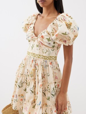 AGUA BY AGUA BENDITA Manzanilla V-neck floral-print cotton-poplin dress ~ puff sleeve tiered hem summer dresses