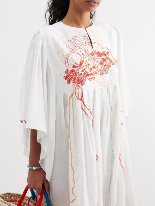 KILOMETRE PARIS Naval Yachtwear embroidered cotton-voile dress / white kaftan style maxi dresses / ocean inspired fashion / jellyfish embroidery / sea themed summer clothing / poolside kaftans / voluminous holiday clothes / vacation beachwear - flipped