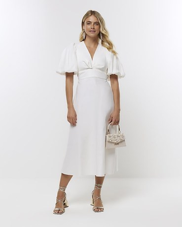 River Island WHITE PUFF SLEEVE MIDI DRESS | women’s summer occasion dresses with oversized puffed sleeves - flipped