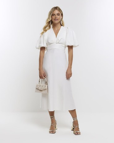 River Island WHITE PUFF SLEEVE MIDI DRESS | women’s summer occasion dresses with oversized puffed sleeves