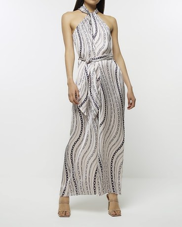 RIVER ISLAND WHITE SATIN CHAIN PRINT HALTER JUMPSUIT ~ printed halterneck tie waist jumpsuits ~ silky party fashion ~ glamorous all-in-one evening clothes - flipped