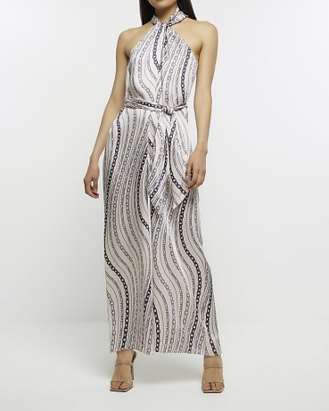 RIVER ISLAND WHITE SATIN CHAIN PRINT HALTER JUMPSUIT ~ printed halterneck tie waist jumpsuits ~ silky party fashion ~ glamorous all-in-one evening clothes