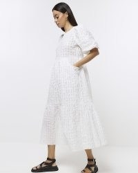 RIVER ISLAND WHITE TEXTURED PUFF SLEEVE SMOCK MIDI DRESS ~ voluminous tiered hem dresses ~ fashion with volume ~ summer clothes puffed sleeves