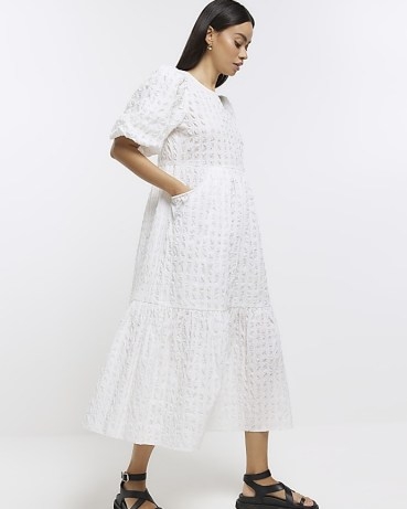 RIVER ISLAND WHITE TEXTURED PUFF SLEEVE SMOCK MIDI DRESS ~ voluminous tiered hem dresses ~ fashion with volume ~ summer clothes puffed sleeves - flipped