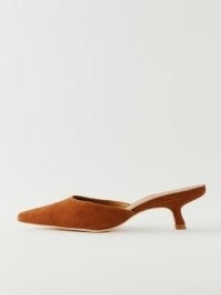 Reformation Wilda Kitten Mule in Toasted Brown Suede ~ luxe pointed toe leather mules ~ luxury footwear ~ chic shoes